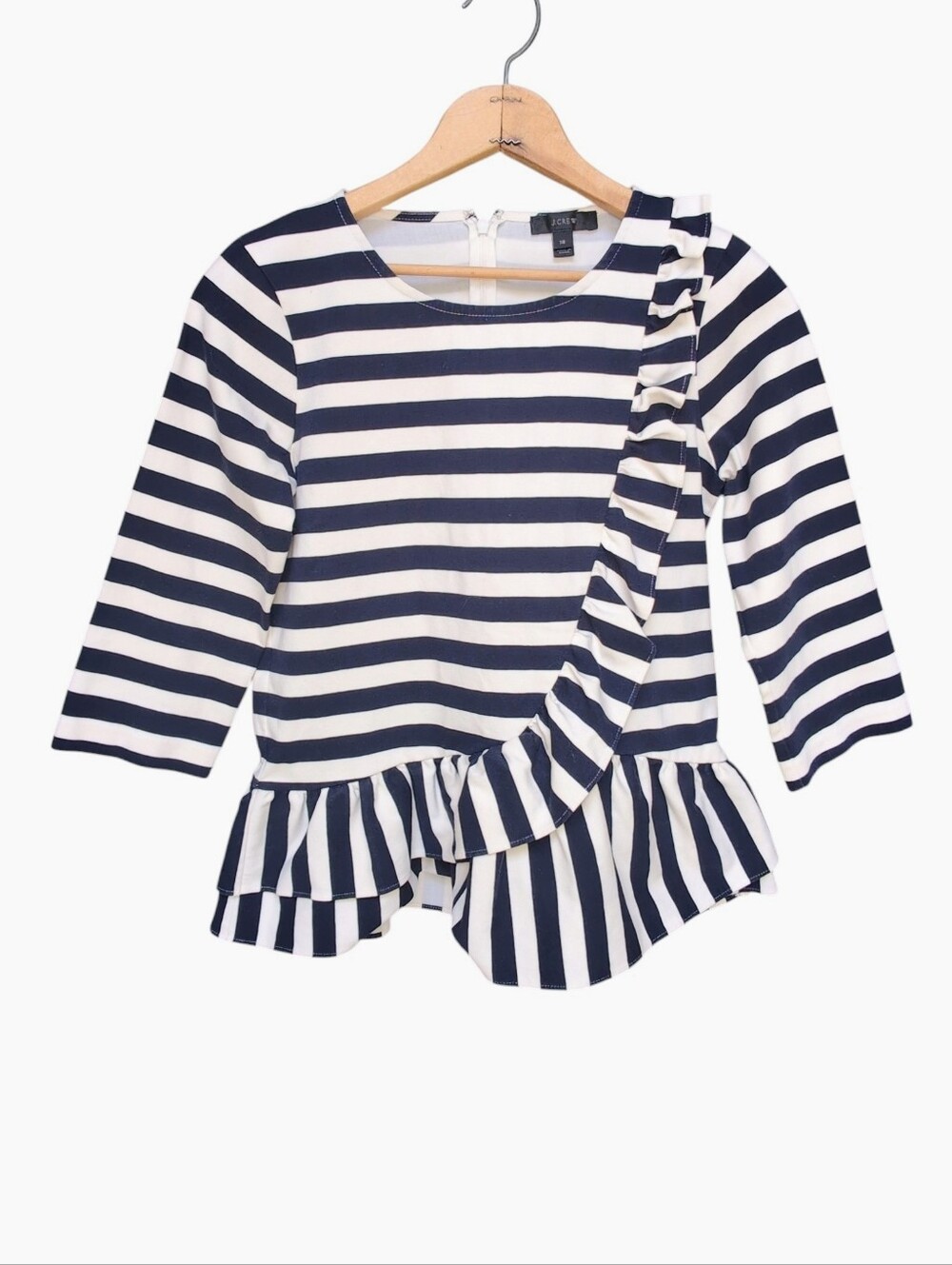 NWOT J.Crew Asymmetrical Striped Ruffle Top Navy Cotton F8928 Womens EXTRA SMALL